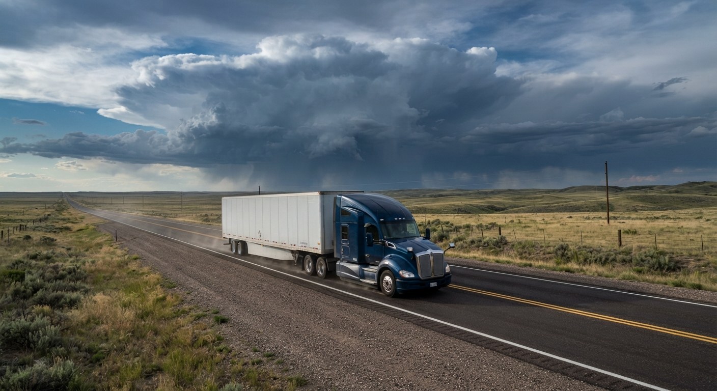 Blue tractor trailer beneath dramatic storm clouds on the prairie